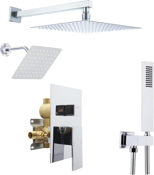 12" Shower Faucet Set Rain Shower System with 6" Wall Mounted Head Full Body Luxury Rain Shower System Rainfall Shower Head with Handheld Combo,3 Way Pressure Balance Valve Kit,Chrome