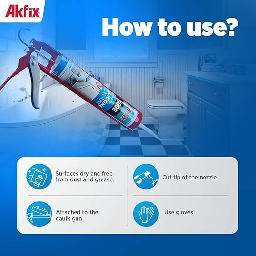 Akfix 100E RTV White Silicone Caulk (12x10.1 fl.oz.) - 100% Waterproof Silicone Sealant for Kitchen and Bathroom, Shower, Toilet, Sink, Window and Door, No Yellowing | White, 12 Pack