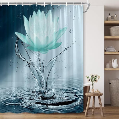 Lotus Shower Curtain Black White Teal Flower Elegant Blooming Floral with Dew Spring Flower Reflection on Water Modern Romantic Polyester Fabric Bathroom Decor 70×70 Inch with Hook