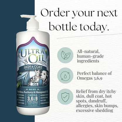 Ultra Oil Dog & Cat Supplement with Hemp, Flaxseed & Fish Oils - 32oz - For Dry Skin, Dull Coat, Hot Spots, Dandruff, Allergies
