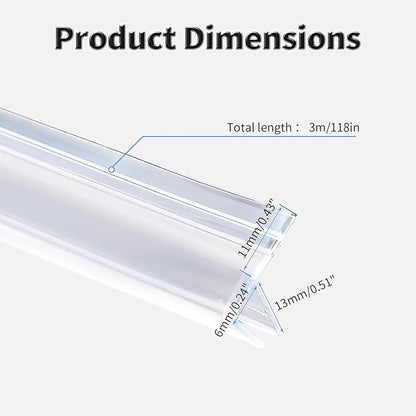 Shower Door Side Seal Strip,118 Inch F-Type Frameless Shower Door Seal, F-Type Shower Door Sweep for 1/4"(6mm) Thick Glass