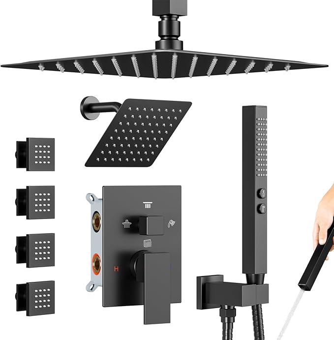 Shower System with Body Jets, Bostingner Four Modes Shower Faucet 12+6" Rain Shower Head with Handheld Spray 2 Ways, 4Pcs Shower Jets System in Wall Shower Faucet Sets Complete, Matte Black