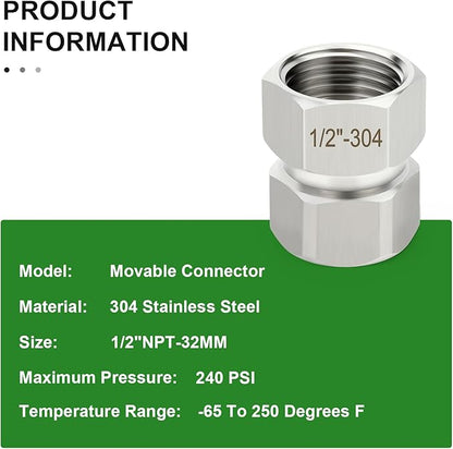 TAISHER 5PCS 304 Stainless Steel Flexible Movable Connector, 1/2" NPT Female for Sprayer, 32MM Length, Angled Valve, Shower Arm