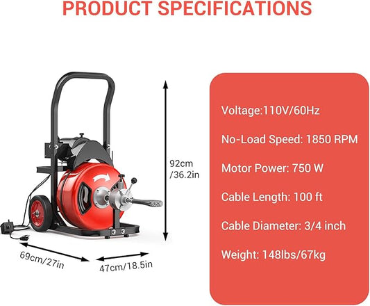 100Ft 3/4 Inch Cable Drain Cleaning Machine, 450W Auto Feed Portable Electric Sewer Snake, Electric Drain Auger with 4 Cutter Air-Activated Foot Switch for 2" to 4" Pipes