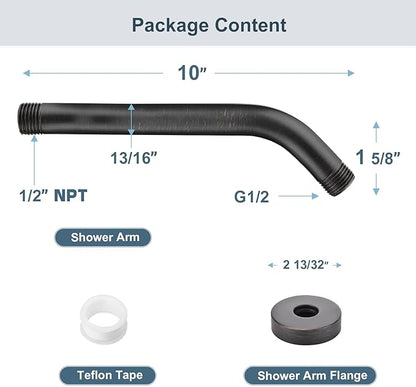 BRIGHT SHOWERS Shower Arm with Flange 10 Inches Solid Brass Shower Head Extension Arm, Wall Mounted Shower Pipe Arm for Rainfall Shower Head and Handheld Showerhead, Oil-Rubbed Bronze