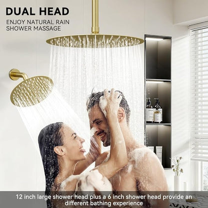 Shower Systems Shower Faucet Sets STARBATH 3 Way 12+6" Round Dual Rainfall Shower Head with Handheld Spray Combo, Ceiling Mounted Rain Shower Valve with 5 Diverter and Trim Kit Complete, Brushed Gold