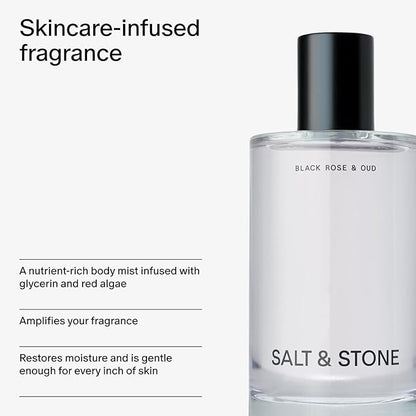 Salt & Stone Body Mist, Black Rose & Oud Scent, Skincare Infused Hair & Body Spray for Women and Men, Hydrating Fragrance with Glycerin and Red Algae, Vegan, Cruelty Free, 3.4 fl oz