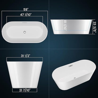 59" Free Standing Tub, Acrylic Soaking Bathtub, Stand Alone Freestanding Tub with Matte Sliver Drain and Overflow, Contemporary Bathtub for Bathroom, Black