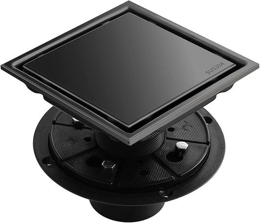 Hidden Brushed Square Shower Floor Drain, Black 6 inch, 304 Stainless Steel, with Flange, Detachable Cover Embedded in Ceramic Tiles