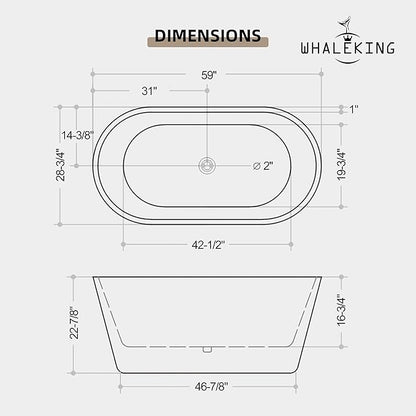 59 inch Freestanding Soaking Bathtub, Modern Stand Alone Free Standing Acrylic Tub with Center Drain & Overflow, Glossy White