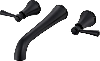 SITGES High Flow Matte Black Wall Mount Bathtub Faucet with Two Level Handles, Extra-Long 10.5" Spout Reach Solid Brass Wall Tub Filler with Rough-in Valve Included