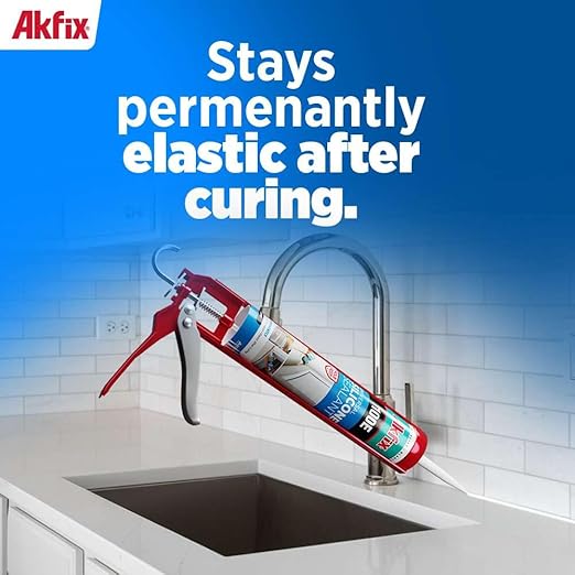 Akfix 100E RTV Gray Silicone Caulk (12x10.1 fl.oz.) - 100% Waterproof Silicone Sealant for Kitchen and Bathroom, Shower, Bathtub, Toilet, Sink, Window and Door, No Discoloring | Grey, 12 Pack