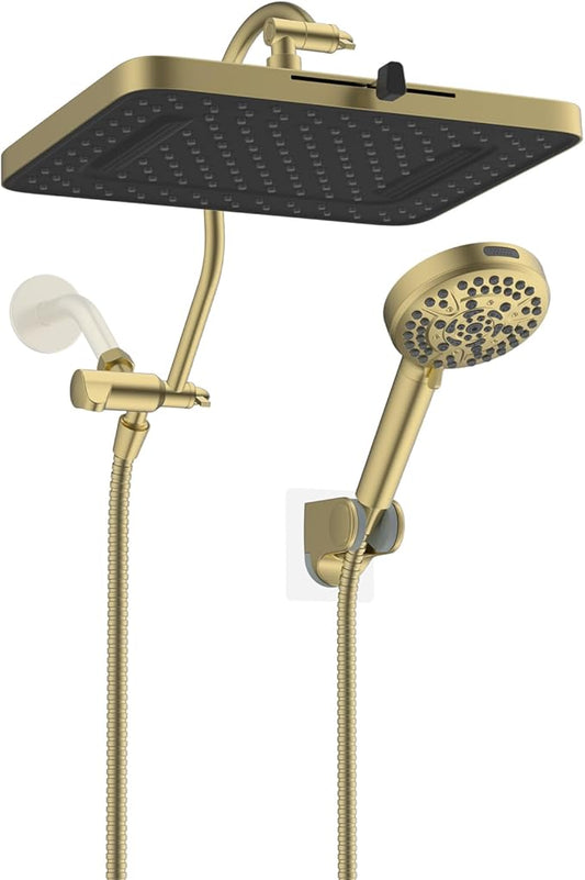 Hibbent High Pressure 13'' Dual Shower Head Combo with 10-mode Handheld Spray, Upgraded Rainfall 5-spray Shower Head, 12'' Adjustable Extension Arm, 71'' Hose, Showerhead Holder, Brushed Gold