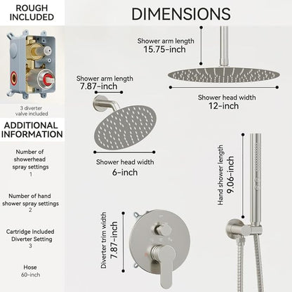 Shower Systems Shower Faucet Sets STARBATH 3 Way 12+6" Round Dual Rainfall Shower Head with Handheld Spray, Ceiling Mounted Rain Shower Valve with 5 Diverter and Trim Kit Complete, Brushed Nickel
