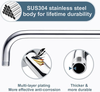 BRIGHT SHOWERS 16-Inch Shower Head Extension Arm with Flange, L Shaped Shower Extender, Extra-Long Stainless Steel Shower Pipe, Chrome