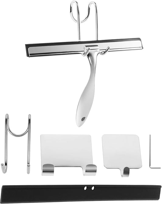 All-Purpose Stainless Steel Shower Squeegee Come with S Hook, 2 Square Sticky Hook 2 Rubber Strips Shower Squeegee for Glass Doors, Windows, Mirrors, Tiles and Car Glass -10 Inches Silver