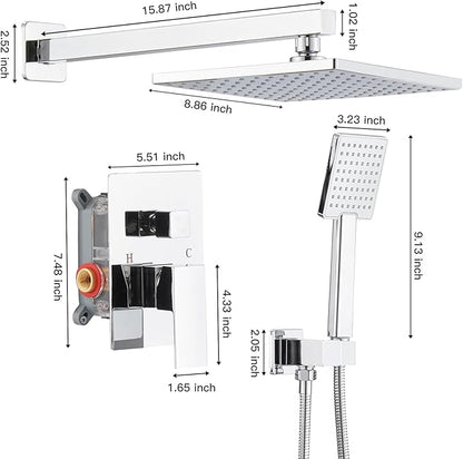 BWE Chrome Shower Faucet Set,Rainfall Shower Head with Handheld Shower,Two Functions Bathroom Luxury Shower Combo Set,Wall Mounted Shower System with Brass Rough-in Valve and Trim Kit