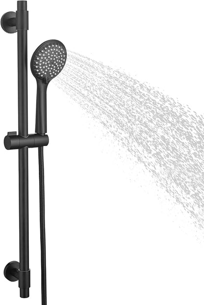 Adjustable Shower Slide Bar with 5-Function Handheld Shower Head, Stainless Steel Grab Slide Bar Combo with Extra Hose (Matte Black)