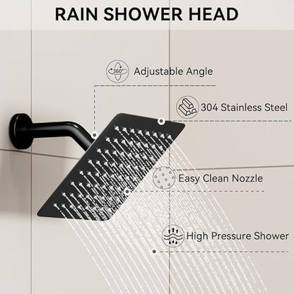 Shower Faucet Set Matte Black Shower System,12" Ceiling Rainfall and 6" Wall Mount Rain Shower with 2 in 1 Handhled, Can Use All at Once, Thermostatic Shower Set with Valve and Trim Kit