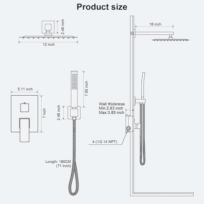 Shower Faucet Set Bathroom Square Rain Shower Head and Handle Set, Wall Mounted Shower Fixtures, Full Metal Trim Repair Kit 12 inch Polished Chrome (With Shower Valve)