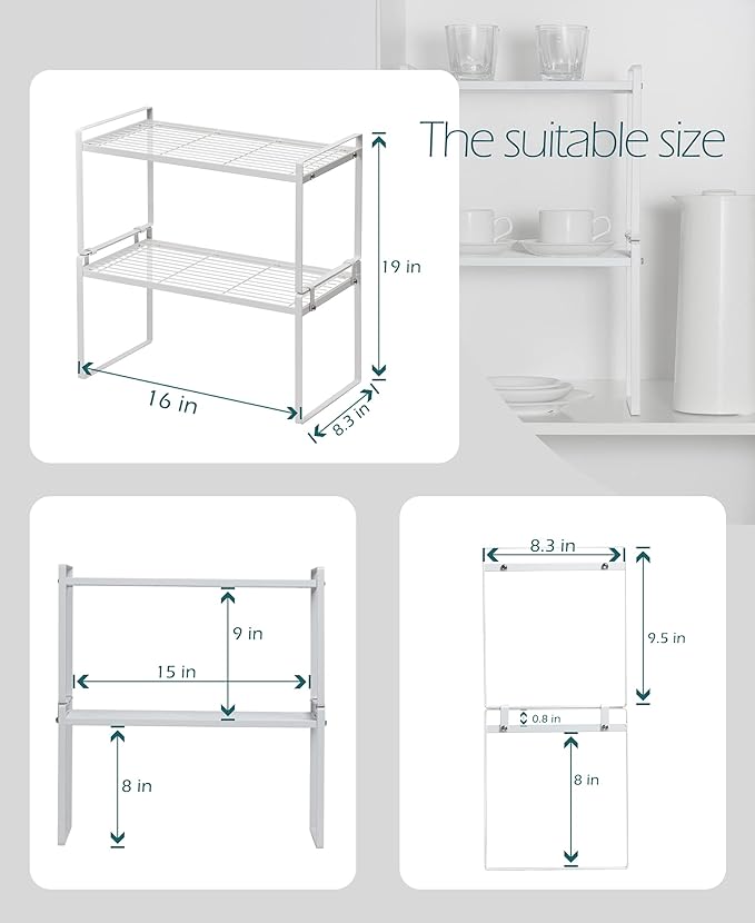 2Pack Cabinet Shelf Organizer Storage Rack Space Saving for Kitchen Counter Pantry Bathroom Cupboard Under Sink Office Table Steel Stackable Rust Resistant Heavy Duty Nonslip 16” White - Tall