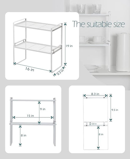 2Pack Cabinet Shelf Organizer Storage Rack Space Saving for Kitchen Counter Pantry Bathroom Cupboard Under Sink Office Table Steel Stackable Rust Resistant Heavy Duty Nonslip 16” White - Tall