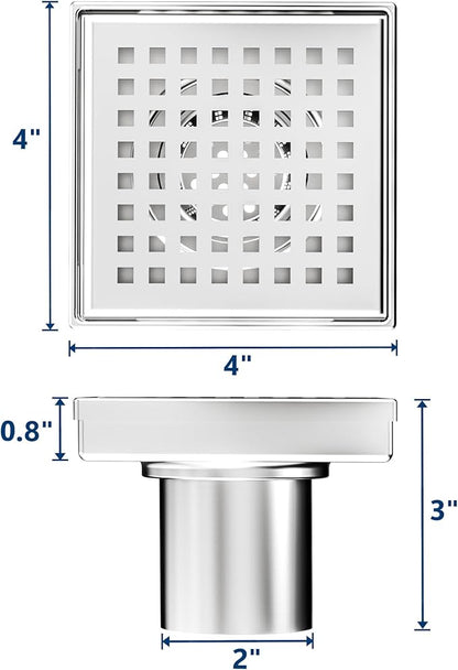 Neodrain 4-Inch Square Shower Drain with Removable Quadrato Pattern Grate, Brushed 304 Stainless Steel Square Drain for Bathroom with Hair Strainer,CUPC Certified
