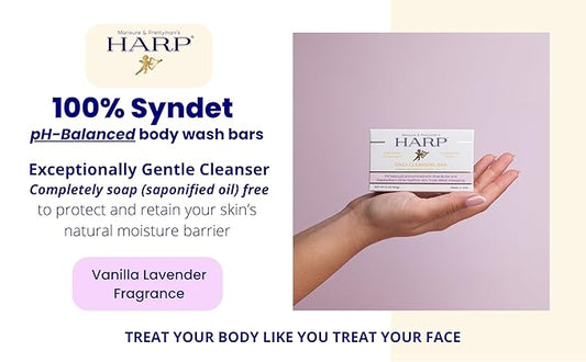 HARP pH-Balanced (5.0-6.0) Body Wash Bar. 100% Syndet. Protects Moisture Barrier For Sensitive, Dry or Irritated skin. + Shea Butter/Borage Oil. Non-Comedogenic. VANILLA LAVENDER FRAGRANCE