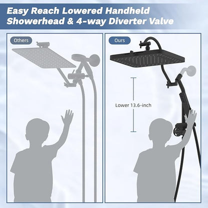 Hibbent Upgraded cUPC Certified 13'' Shower Head Combo, High Pressure 5-spray Rainfall Showerhead, Stainless Steel 4 Spray Handheld, All Metal 4-way Diverter Arm, 71'' Hose and Holder, Black