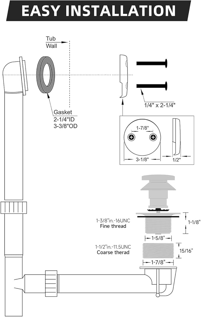 Tub Drain Replacement Kit, Metal Tip-Toe Bathtub Drains and Overflow Kit with Hair Catcher, Shower Bath Tub Drain Assembly with Two-Hole Overflow Faceplate Conversion Kit -Chrome Plated