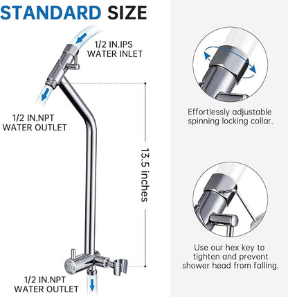 G-Promise All Metal Shower Diverter with Low Holder, Extended 13.5 Inch, 3-Way Diverter Valve with Pause Mode for Handheld and Fixed Shower Heads ∣ 4-Setting Replacement Part (Chrome)