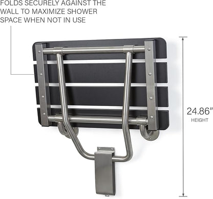28-inch x 15-inch ADA Folding Wall Mount Bathroom Shower Seat Bench, Black Slatted Phenolic Seat