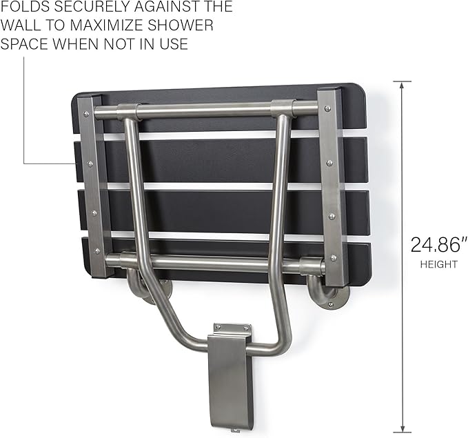18-inch x 15-inch ADA Folding Wall Mount Bathroom Shower Seat Bench, Black Slatted Phenolic Seat