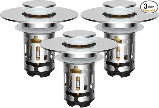 Hibbent 3 Pack Upgraded 3 in 1 Bathroom Sink Drain Strainer, Universal Pop Up Stopper with Removable Stainless Steel Filter Basket Hair Catcher, Sink Plug for 1.1''~2.36'' Basin, Brass Core, Chrome