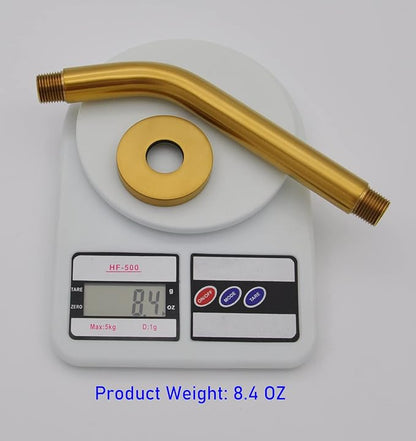 Aquaiaw Shower Arm and O-Ring Flange, 8 inch, Solid Brass, Brushed Gold, Round, Both Soldered 1/2 NPT Tapered Threads, Wall Mount Shower Arm Extension with Escutcheon, for Rain Shower Head Max. 12"