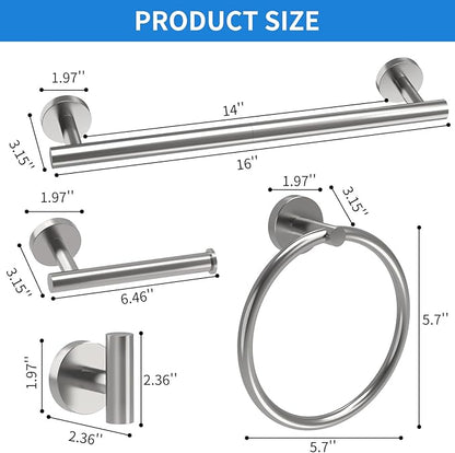 Brushed Nickel Bathroom Accessories, Bathroom Hardware Set, SUS304 Stainless Steel Bathroom Towel Holder Set, 24 Inch Towel Bar Set 5 Pcs, 2 Towel Hooks, Toilet Paper Holder, Towel Ring