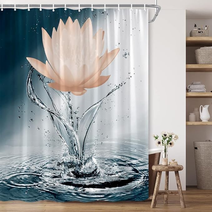 Lotus Shower Curtain Black White Blue Orange Flower Elegant Blooming Floral with Dew Spring Flower Reflection on Water Modern Romantic Polyester Fabric Bathroom Decor 70×84 Inch with Hook