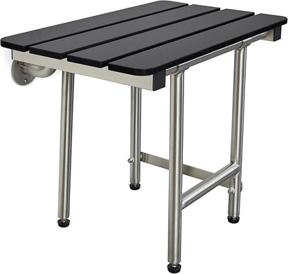 28-inch x 15-inch ADA Bariatric Folding Wall Mount Bathroom Shower Seat Bench with Legs, Black Slatted Phenolic Seat