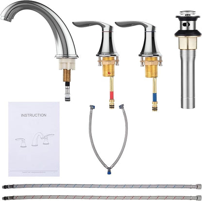 Bathroom Sink Faucet, Faucet for Bathroom Sink, Widespread Chrome Bathroom Faucet 3 Hole with Stainless Steel Pop Up Drain and cUPC Lead-Free Hose - (Chrome)