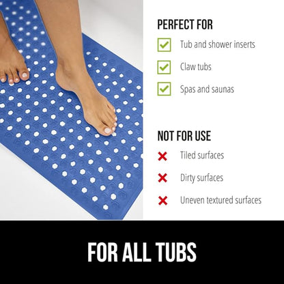 GORILLA GRIP Patented Bath Tub Shower Mat, Machine Washable Bathtub Floor Liner Mats, Suction Cups and Drain Holes to Keep Tubs Clean, Soft on Feet, Bathroom Essentials, 35x16 Inch, Royal Blue Opaque