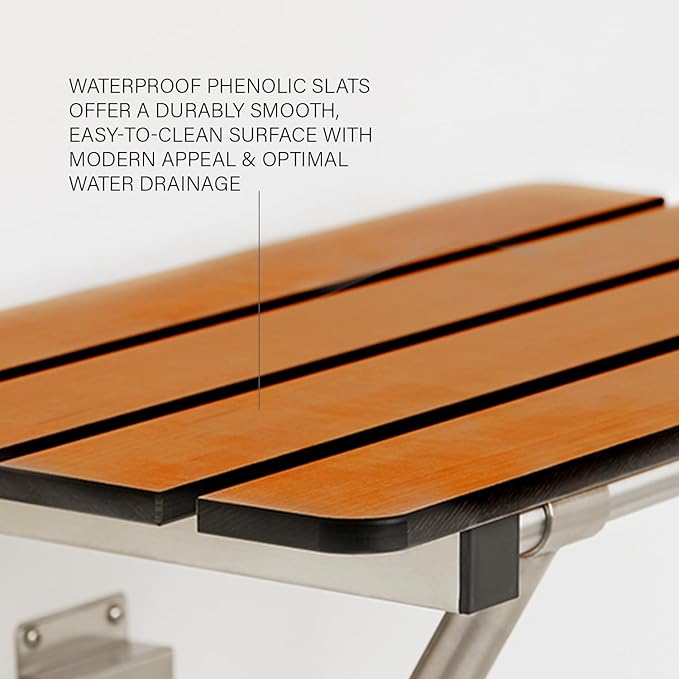 Seachrome 24-inch x 15-inch in ADA Folding Wall Mount Bathroom Shower Seat Bench, Teak Phenolic Seat