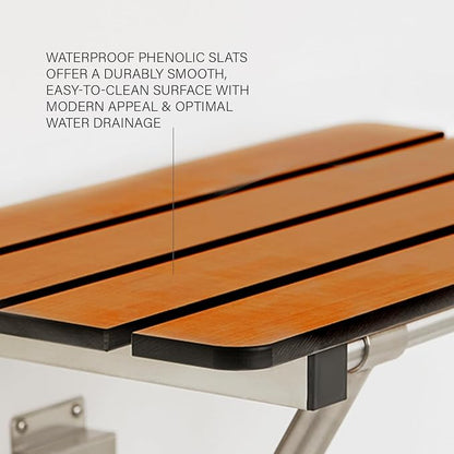 Seachrome 28-inch x 15-inch in ADA Folding Wall Mount Bathroom Shower Seat Bench, Teak Phenolic Seat