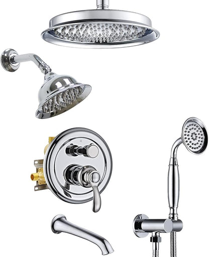 Dual Antique Shower Head System with Tub Spout: 9" Ceiling Mounted Rain & 6" Wall Mount Rainfall, Handheld Spray Vintage Faucet Set, 4 Way Diverter Brass Valve with Trim Kit, Chrome