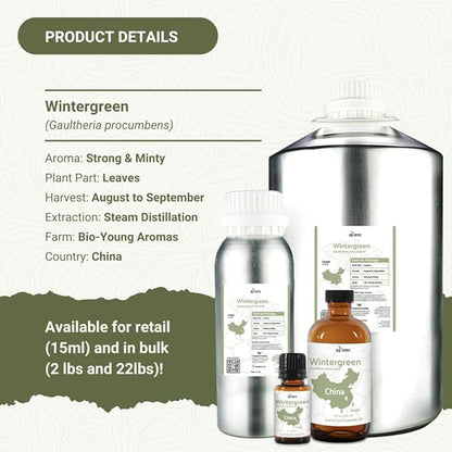 Wintergreen Essential Oil - Direct from Bio-Young Aromas China - Steam Distilled - Aceite de Gaulteria for Aromatherapy, Massage, Diffuser, DIY Candle and Soap Making - 22lbs
