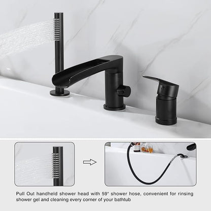 TapLong Waterfall Roman Tub Faucet with Hand Shower, Widespread Deck Mount Bathtub Faucet with Sprayer, Single-Handle 3-Holes Bathtub Shower Faucet Set in Matte Black, 03119B