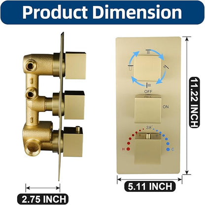 Brass 4 Ways Shower Diverter Valve Brushed Gold, HOMEDEC Thermostatic 4 Outlets 3 Handles Control Shower Mixing Mixer Valve Trim Kit Replacement, 3/4inch Rough In