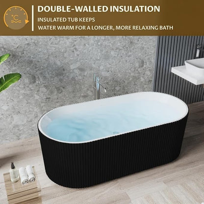 GarveeLife Freestanding Bathtubs 67 inch Black & White Acrylic Free Standing Soaking Tub – Contemporary Striped Design with Overflow Cover, Pop-Up Drain & Concealed Plumbing for Luxury Bathrooms