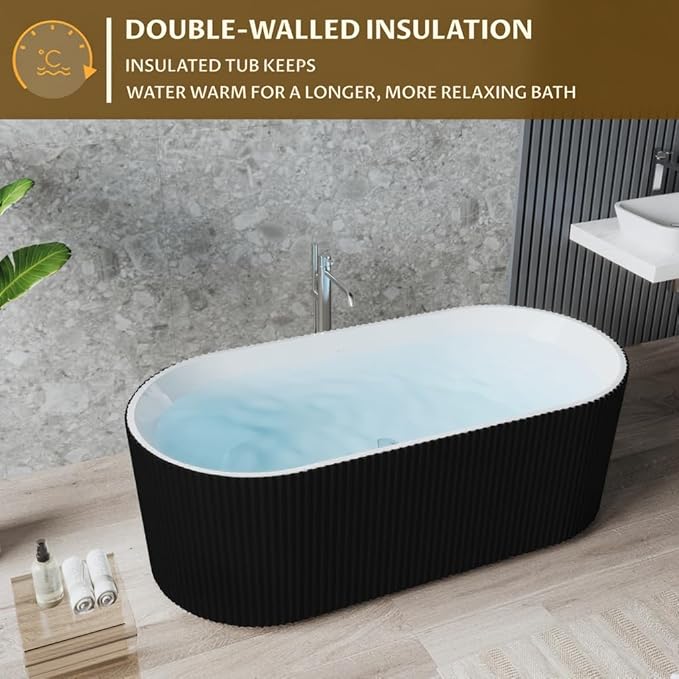 67 Inch Acrylic Freestanding Bathtub – Stripe Design, Free Standing Soaking Tub with Overflow & Pop-Up Drain, Black Exterior White Interior, Stand Alone Tub for Contemporary Bathrooms