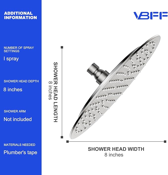 VBFF-Shower Head,rain shower head, 8 inch- Round Shower Head, 1.8 GPM Flow Rate, rainfall showerhead,VBFF11 (Brushed Nickel)