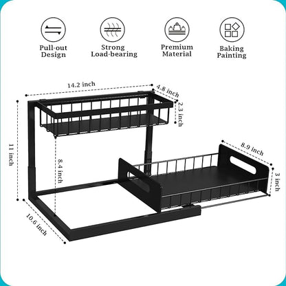 REALINN Under Sink Organizer, Pull Out Cabinet Organizer Slide Out Sink Shelf Cabinet Storage Shelves, Storages for Kitchen Bathroom, Black, 2 Pack